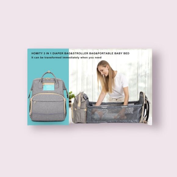 Diaper Bag Backpack with Folding Crib/Changing Station,USB Charge Port in Gray - Picture 4 of 10